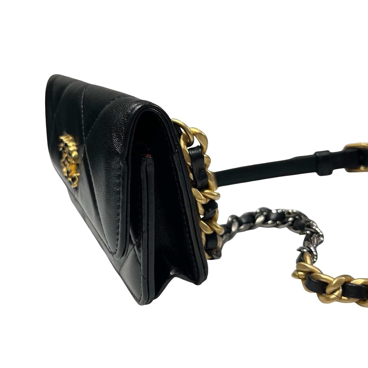 Used CHANEL Lambskin Leather 19 Belt Cross Body Bag Black GHW