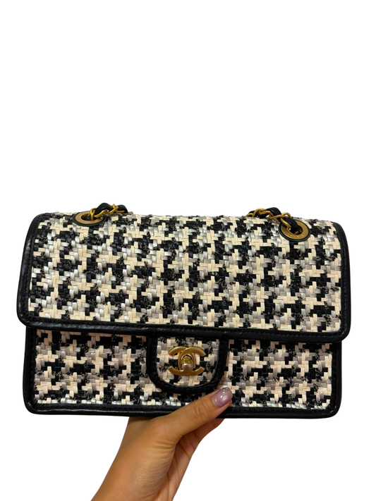 Used CHANEL Houndstooth Tweed 23C woven flap 25 Shoulder Bag Black White Silver