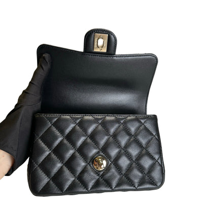 Used CHANEL Quilted Leather Mini Flap Bag with Top Handle Handbag Black