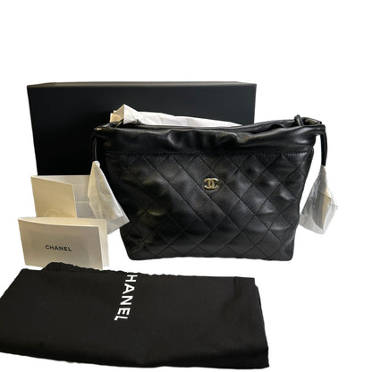 Brand New CHANEL Quilted Leather Bucket Bag Handbag Black Gold