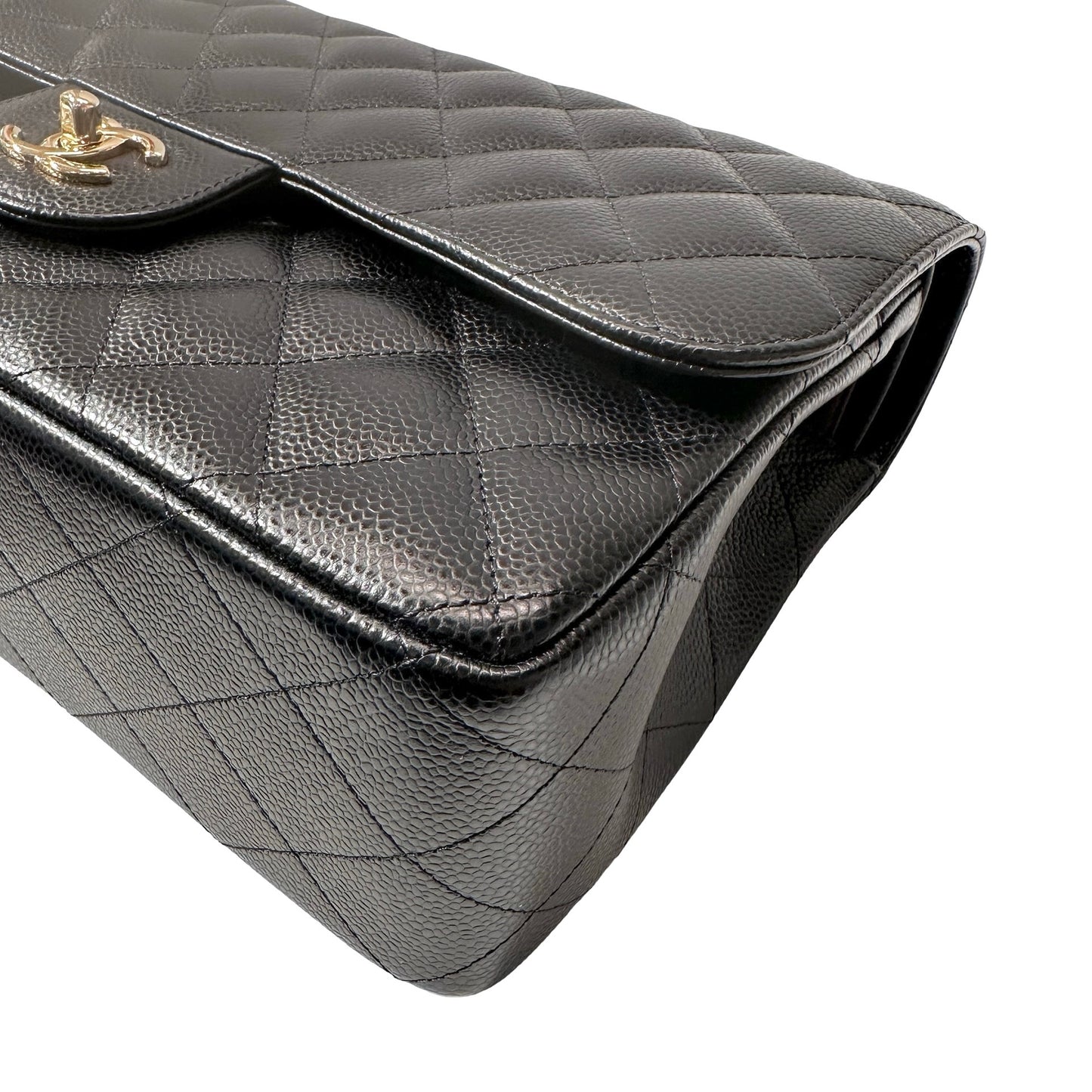 Used CHANEL Calfskin Leather Jumbo Chain Shoulder Bag GHW Black