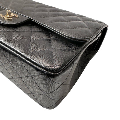 Used CHANEL Calfskin Leather Jumbo Chain Shoulder Bag GHW Black