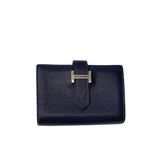 Used HERMÈS Calfskin Leather Bearn Wallet Navy Blue PHW