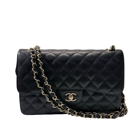 Used CHANEL Calfskin Leather Jumbo Chain Shoulder Bag GHW Black