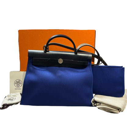 Used Hermès Calfskin Leather Herbag 31 Shoulder Bag Blue Black PHW