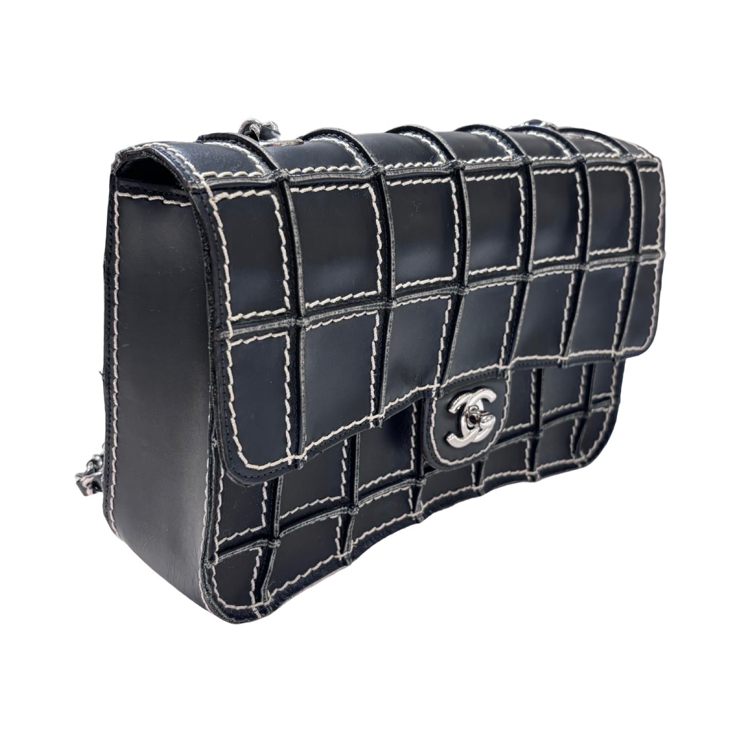 Used CHANEL Calfskin Leather Square Stitch Flap Chain Shoulder Bag Black GHW
