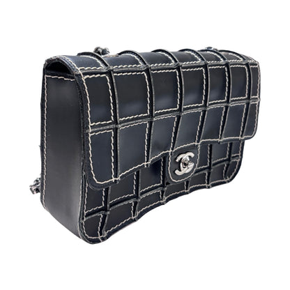 Used CHANEL Calfskin Leather Square Stitch Flap Chain Shoulder Bag Black GHW