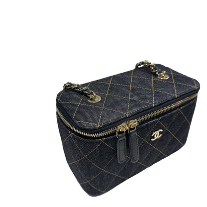 Used CHANEL Quilted Denim Vanity Case Vanity case Navy blue