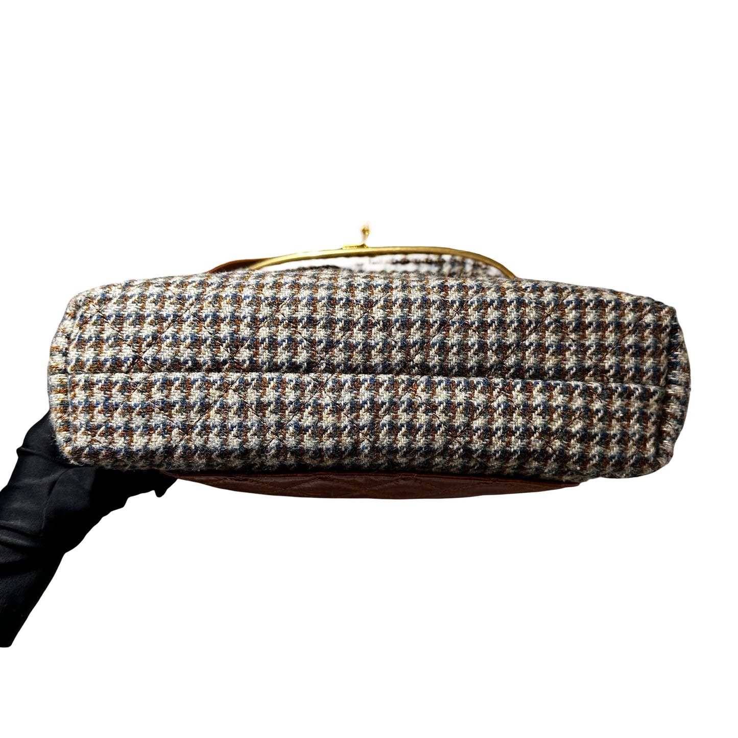 Used CHANEL Houndstooth Tweed Tabatiere Kiss Lock Chain Shoulder Bag Brown Blue Grey GHW