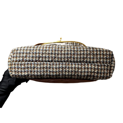 Used CHANEL Houndstooth Tweed Tabatiere Kiss Lock Chain Shoulder Bag Brown Blue Grey GHW