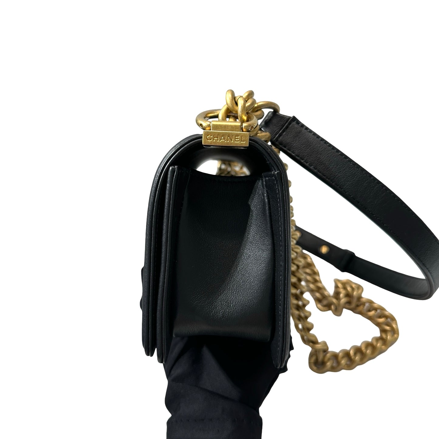 Used CHANEL Lambskin Leather Boy 20cm Shoulder Bag Black GHW