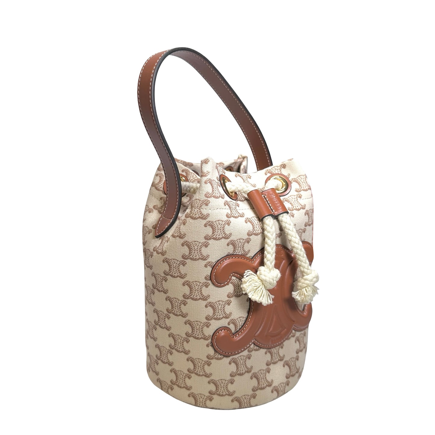 Used CELINE Triomphe Canvas Calfskin Teen Triomphe Drawstring Drawstring Bag Beige Brown GHW