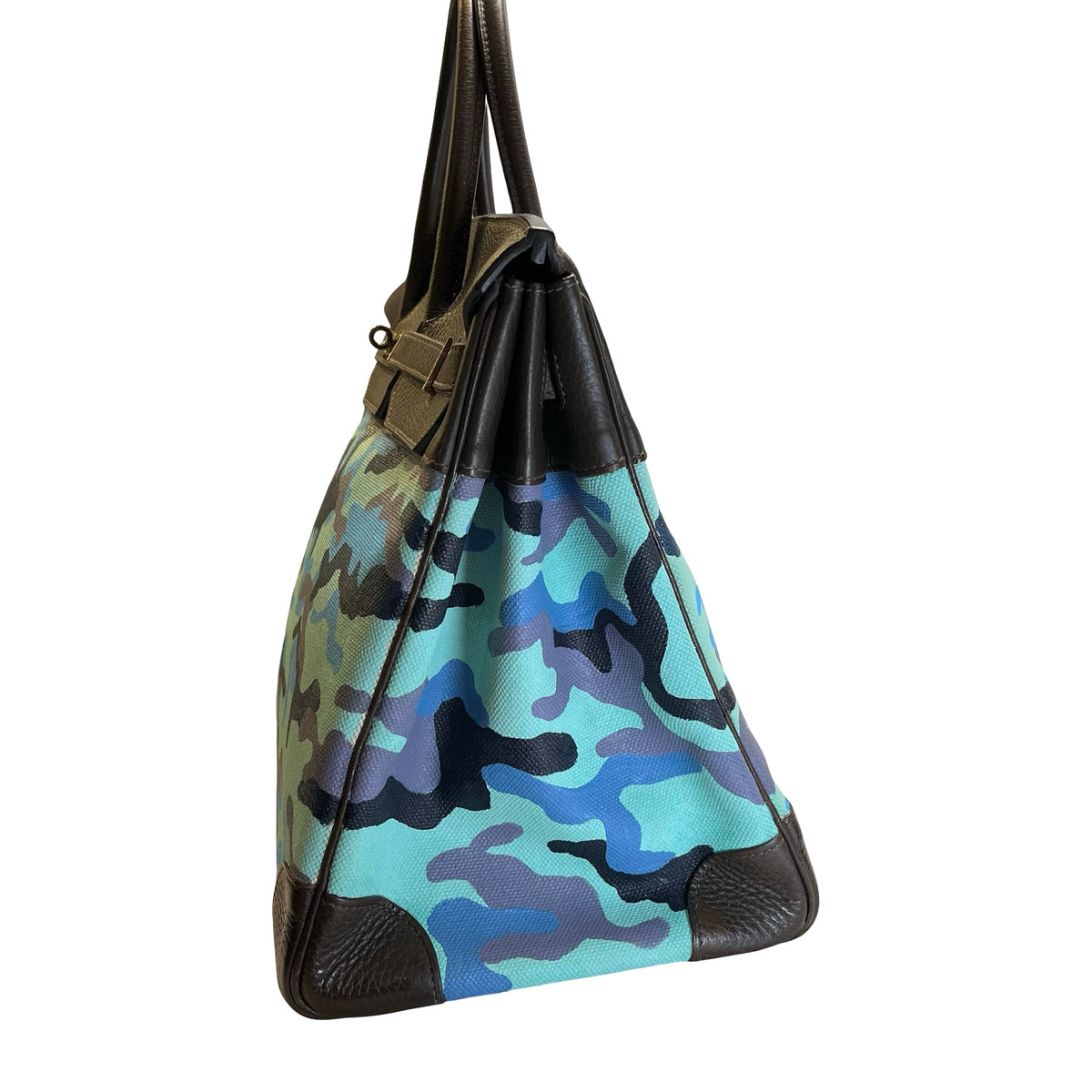 Used HERMES Camouflage Leather Toile HAC Birkin 35 Handbag Brown Blue Green