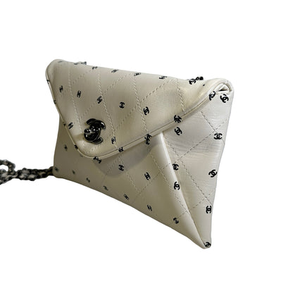 Used CHANEL Quilted CC Logo Print Quilted Wallet on Chain Chain Shoulder Bag White Black