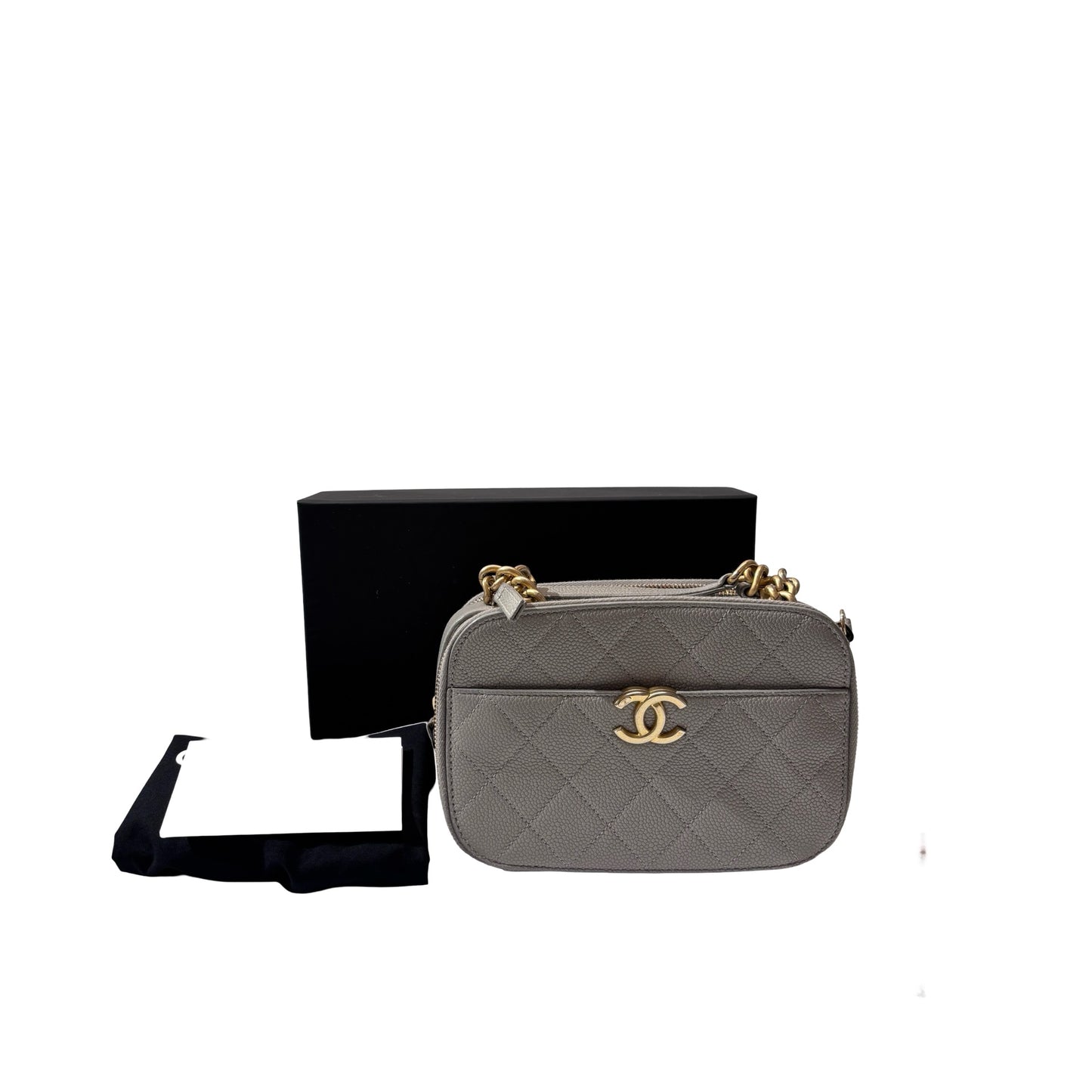 Used CHANEL Calfskin Leather Camera Shoulder Bag GHW Grey