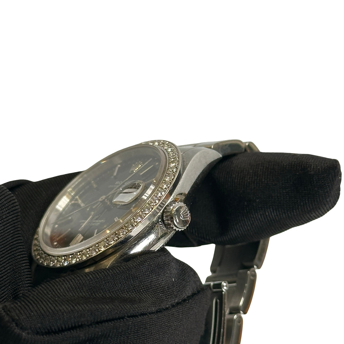 Used ROLEX Stainless Steel Diamond Bezel Oyster Perpetual Date Watch Silver Black