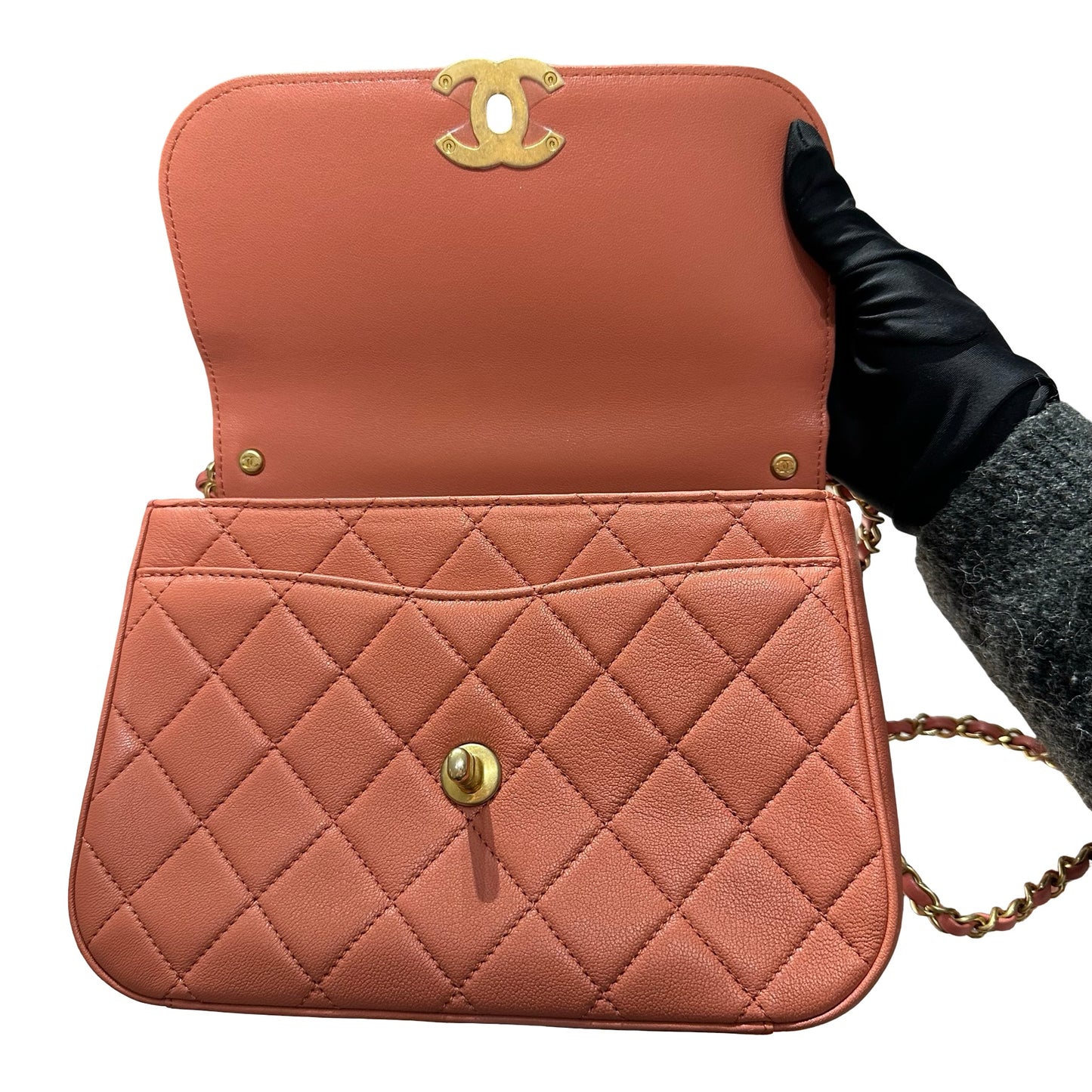 Used CHANEL Calfskin Leather Flap Cross Body Bag Pink GHW