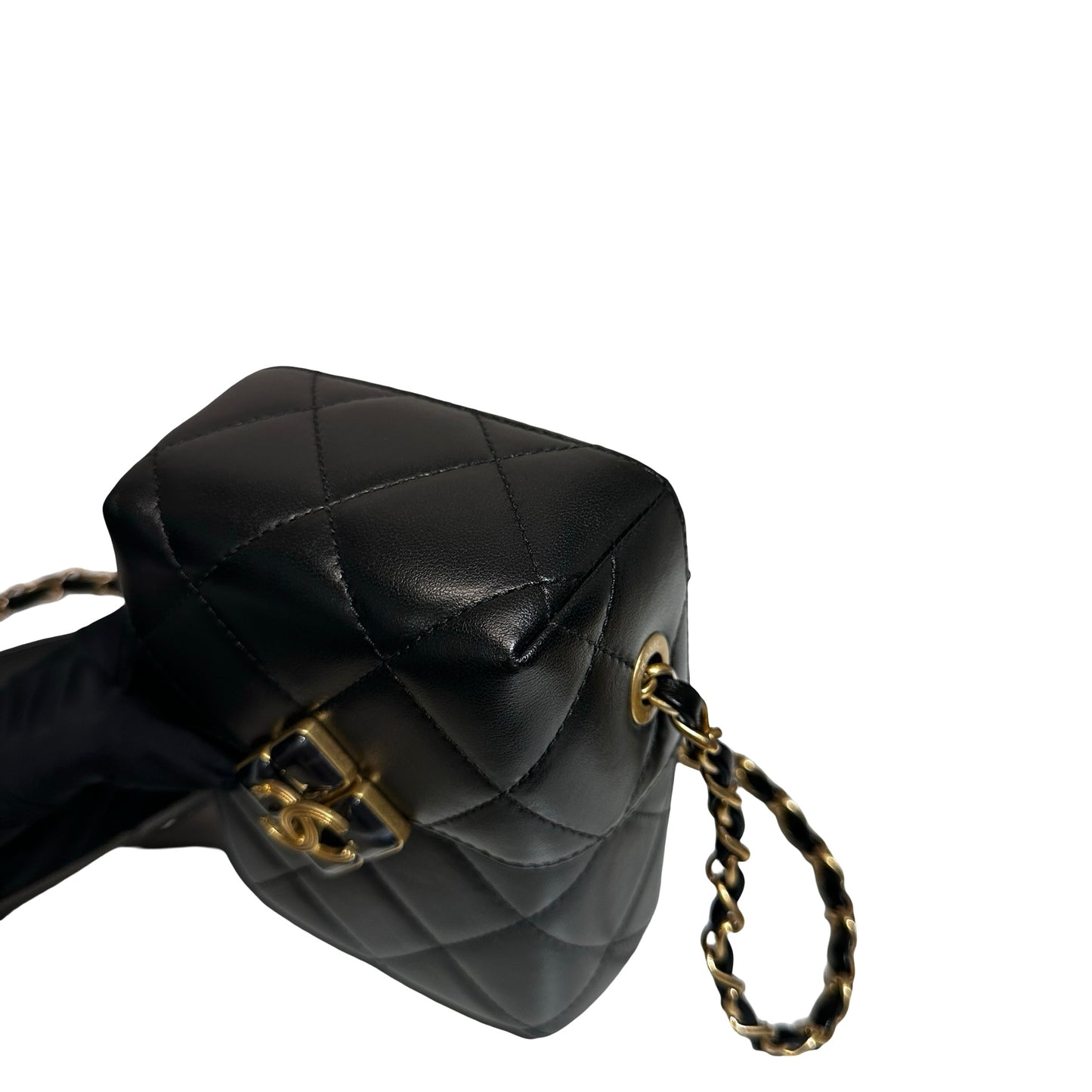 Used CHANEL Lambskin Leather Plexi Box Shoulder Bag Black GHW