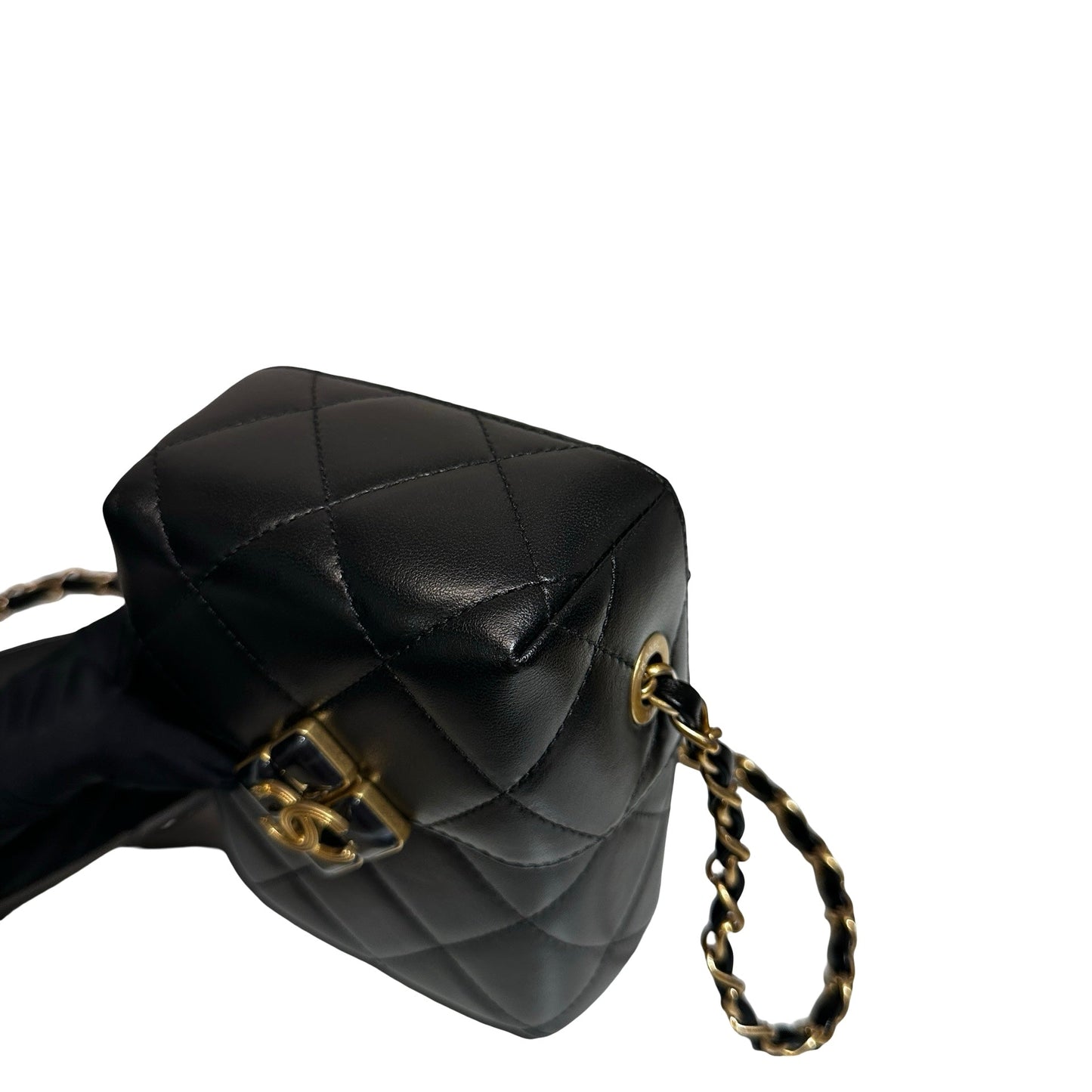 Used CHANEL Lambskin Leather Plexi Box Shoulder Bag Black GHW