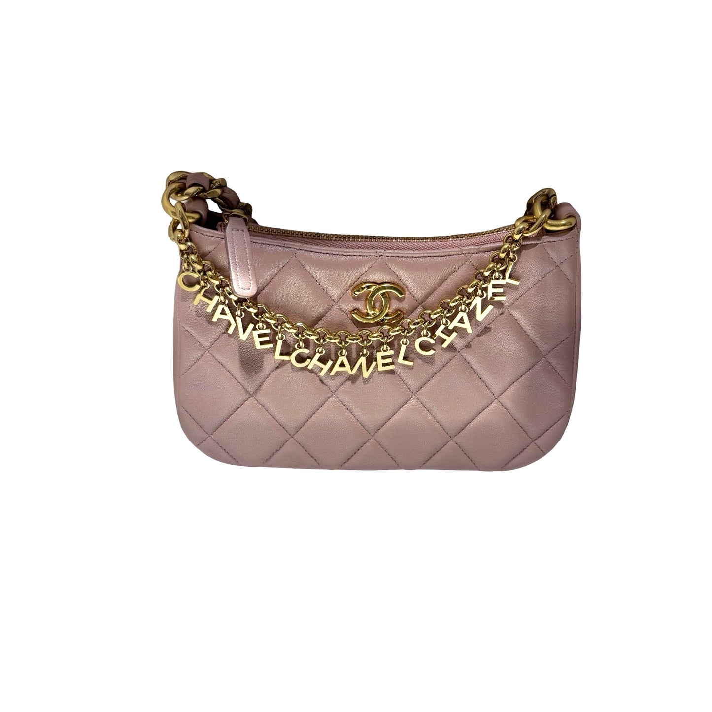 Used CHANEL Lambskin Leather 24P Charms Hobo Bag metallic pink GHW