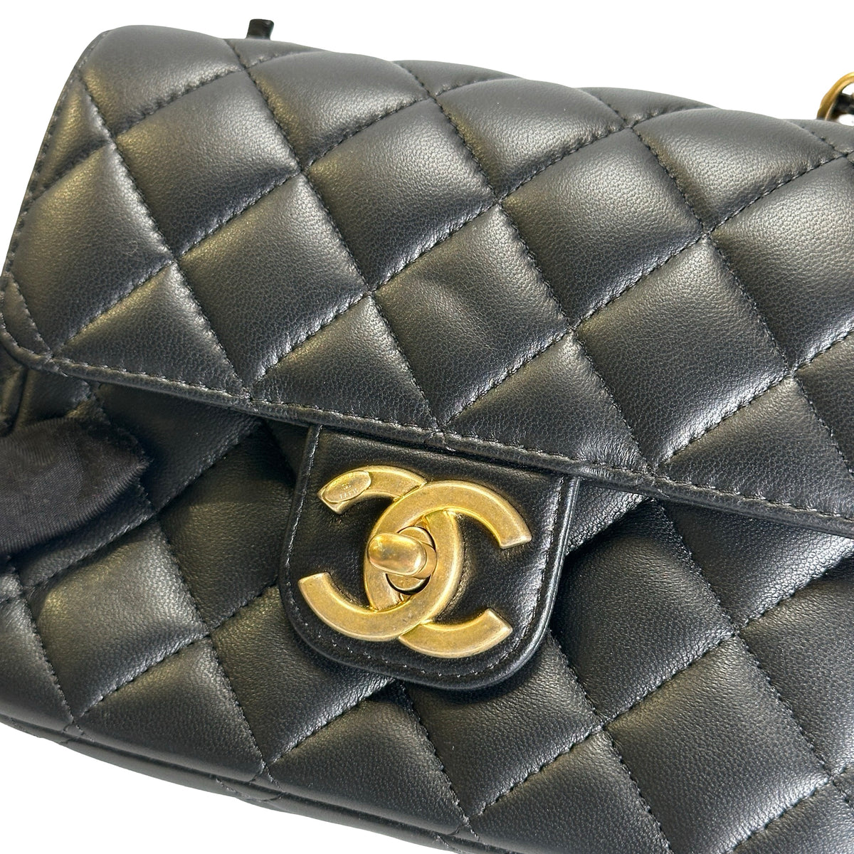 Used CHANEL Quilted Lambskin Mini Flap Bag Shoulder Bag Black Gold