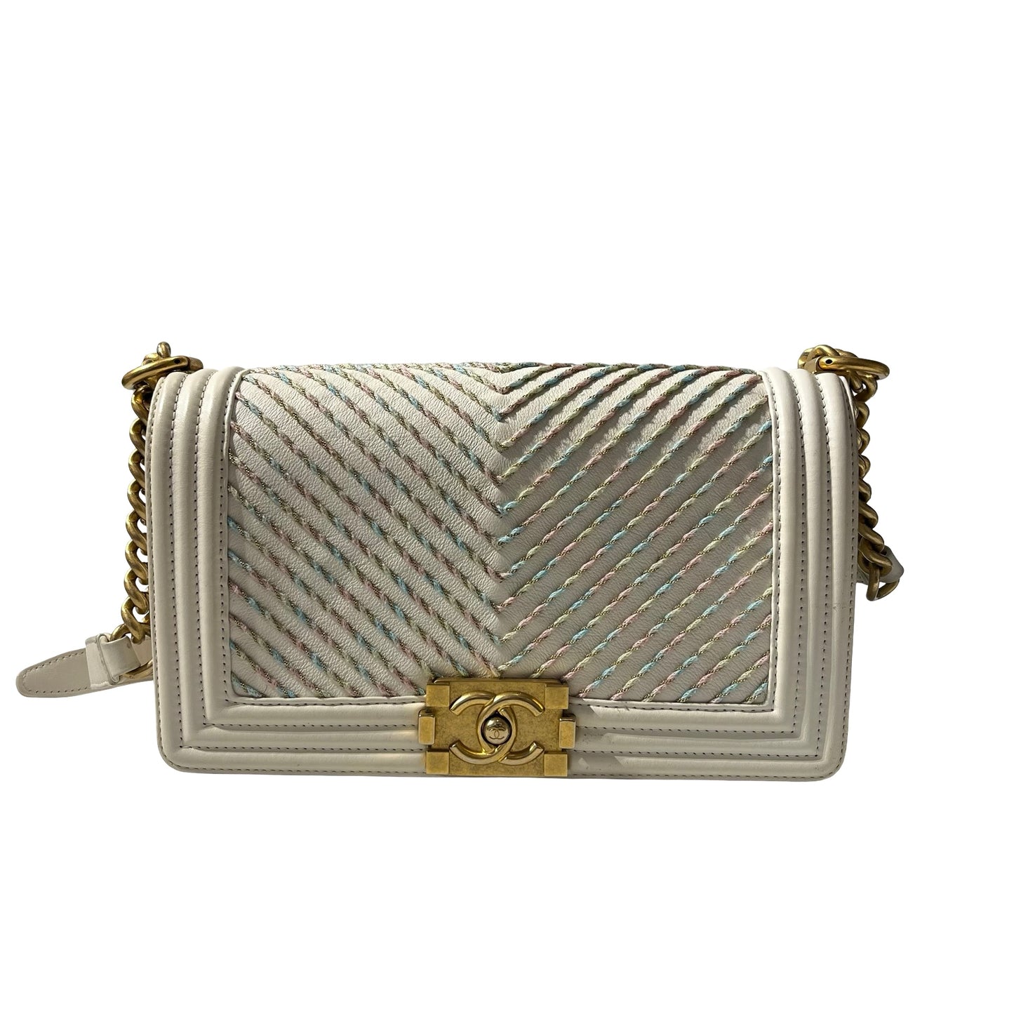 Used CHANEL Chevron Leather Boy Bag Chain Shoulder Bag White Multi-color