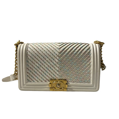 Used CHANEL Chevron Leather Boy Bag Chain Shoulder Bag White Multi-color