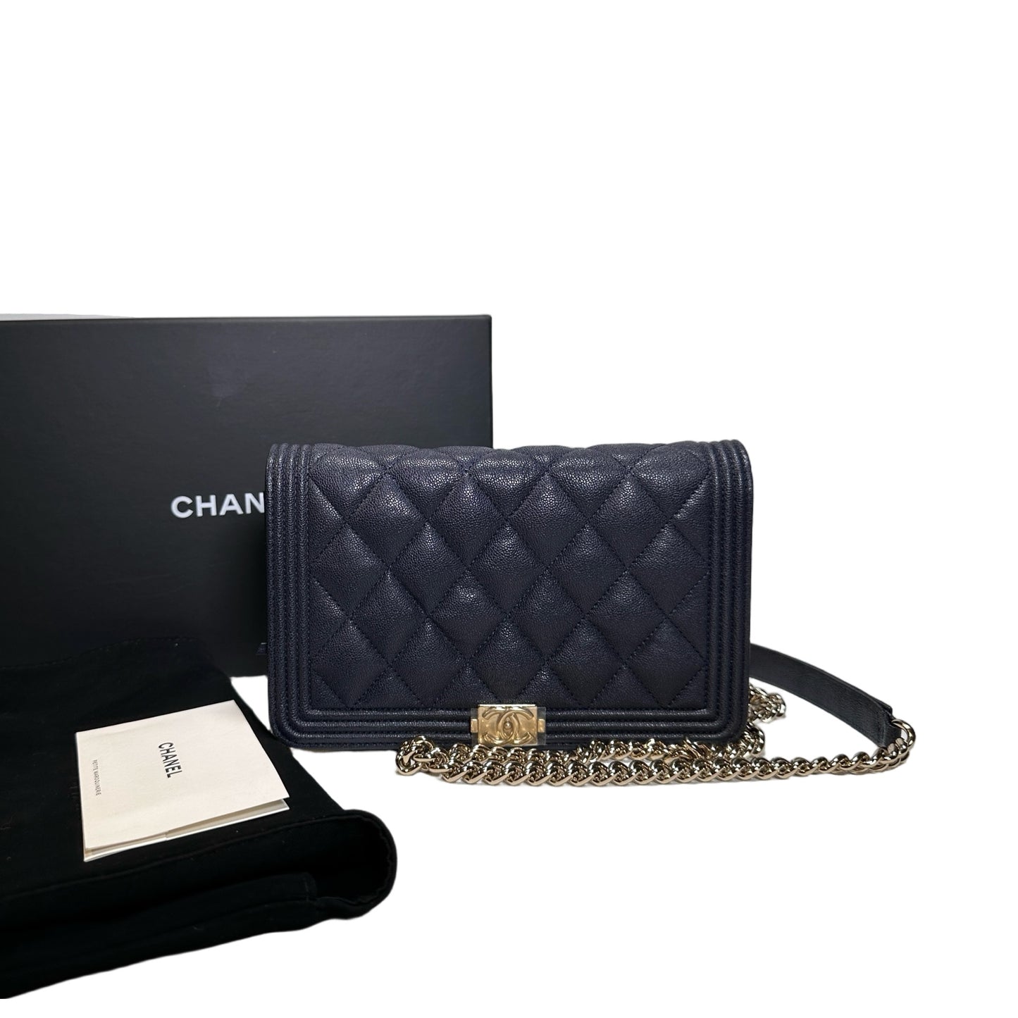 Used CHANEL Quilted BOY CHANEL WALLET ON CHAIN Wallet on chain Navy GHW