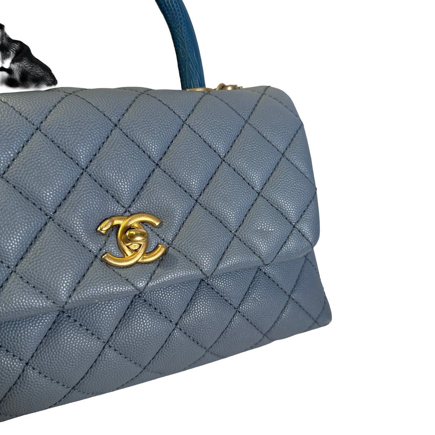 Used CHANEL Quilted Caviar Lizard Coco Handle Handbag Blue