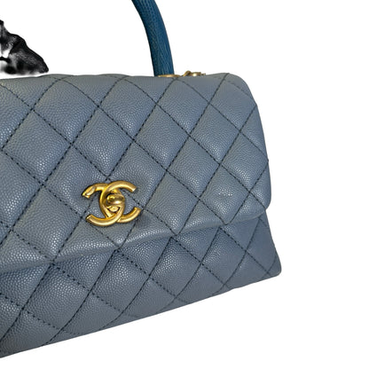 Used CHANEL Quilted Caviar Lizard Coco Handle Handbag Blue