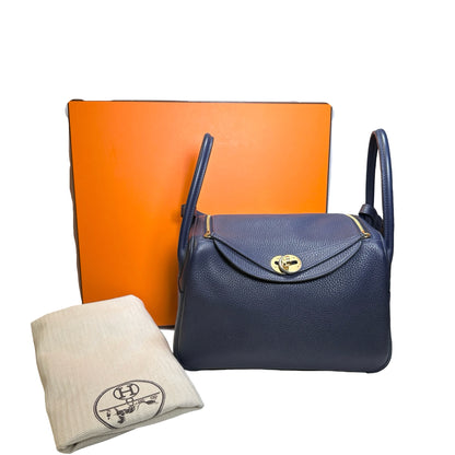 Used HERMES Clemence Lindy 26 Handbag Navy GHW