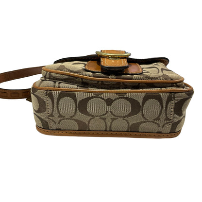 Used COACH Signature Canvas Leather Signature Canvas Flap Bag Crossbody Bag Brown Beige