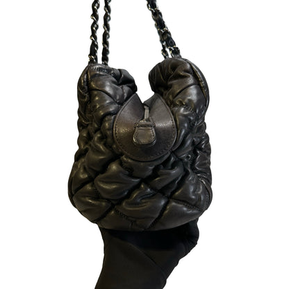Used CHANEL Quilted Leather Bubble Quilted Bowler Bag Handbag Black Silver hardware