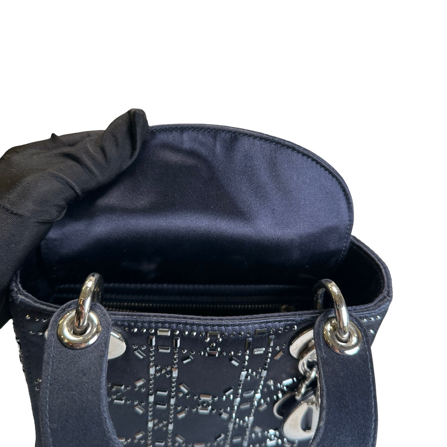 Used DIOR Cannage Rhinestone Lady Dior Handbag Black Silver