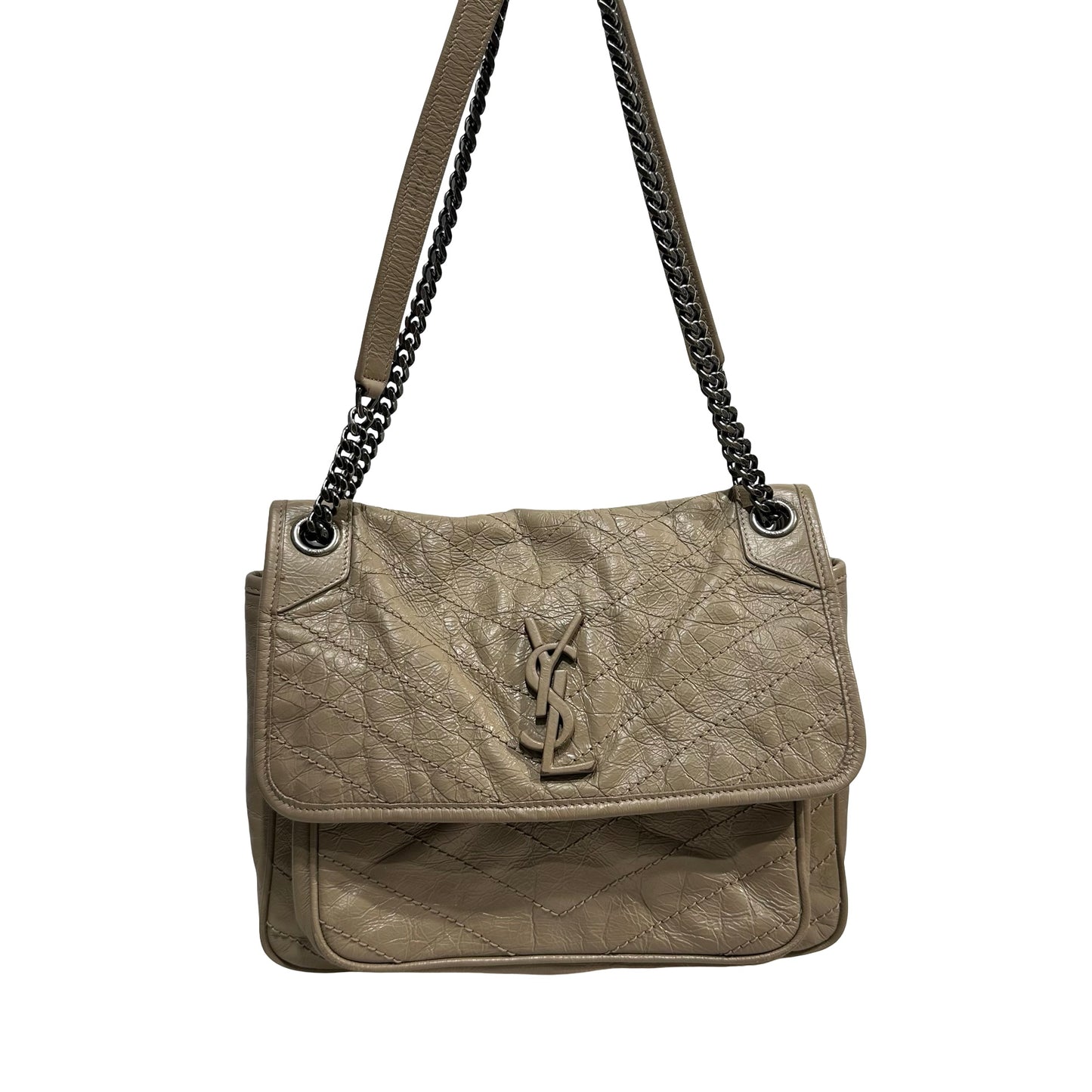 Used SAINT LAURENT Chevron Quilted Niki Chain Shoulder Bag Beige