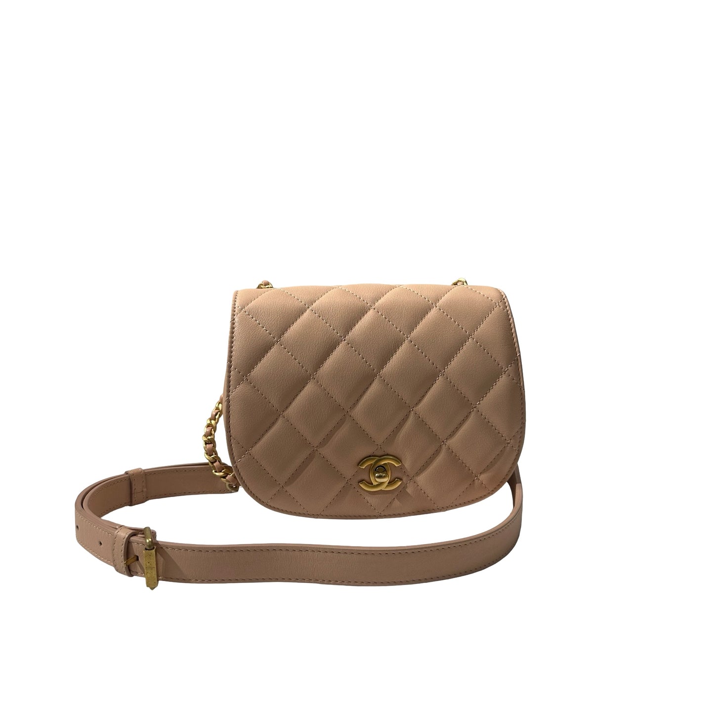 Used CHANEL Calfskin Leather 21S Messenger Bag Beige GHW