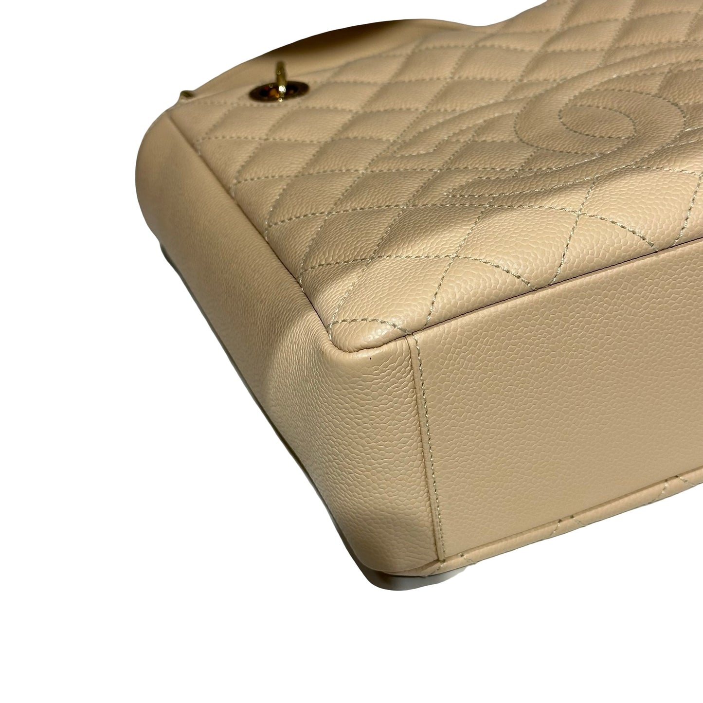 Used CHANEL Calfskin Leather PST Tote Bag Beige GHW