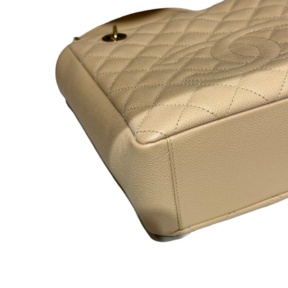 Used CHANEL Calfskin Leather PST Tote Bag Beige GHW
