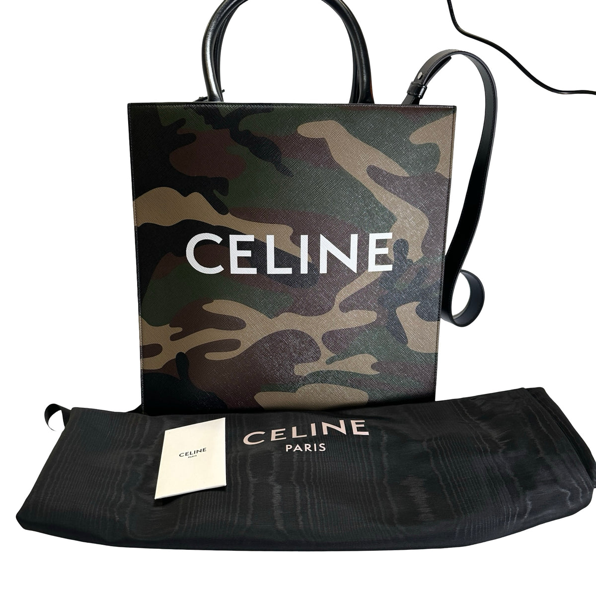 Used CELINE Camouflage Vertical Cabas Tote Bag Green Brown Khaki White