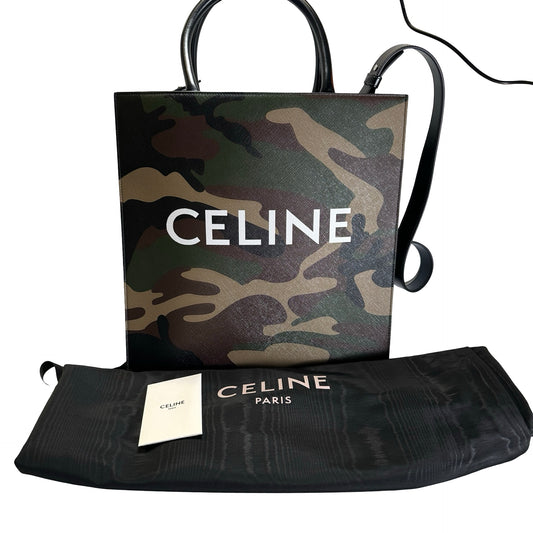 Used CELINE Camouflage Vertical Cabas Tote Bag Green Brown Khaki White