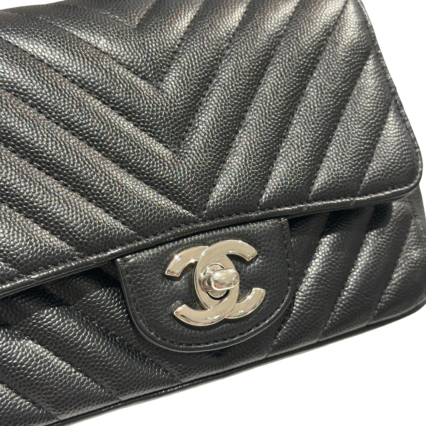 Used CHANEL Caviar Leather Mini Rectangular Flap Chain Shoulder Bag Black PHW