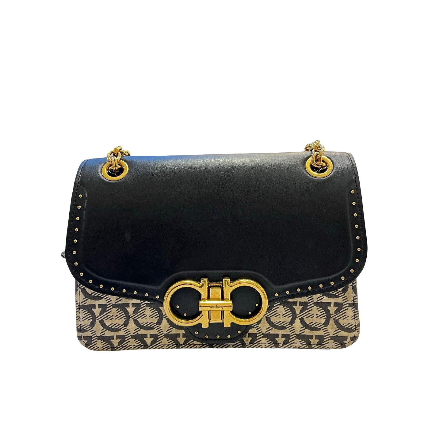 Used FERRAGAMO Chain Shoulder Shoulder Bag Black GHW Beige