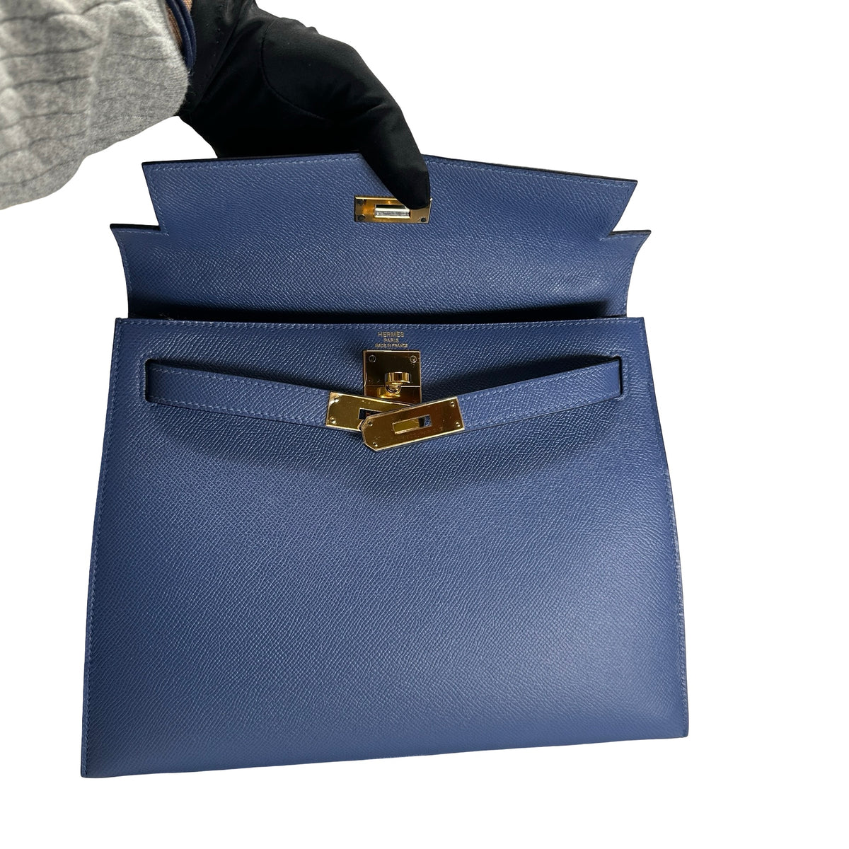 Used HERMES Epsom Kelly 28 with strap Handbag Blue Gold