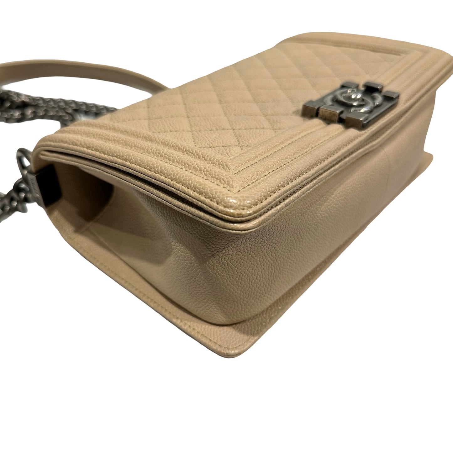 Used Chanel Caviar Leather Boy 25 Shoulder Bag Beige PHW