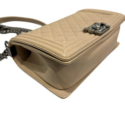 Used Chanel Caviar Leather Boy 25 Shoulder Bag Beige PHW