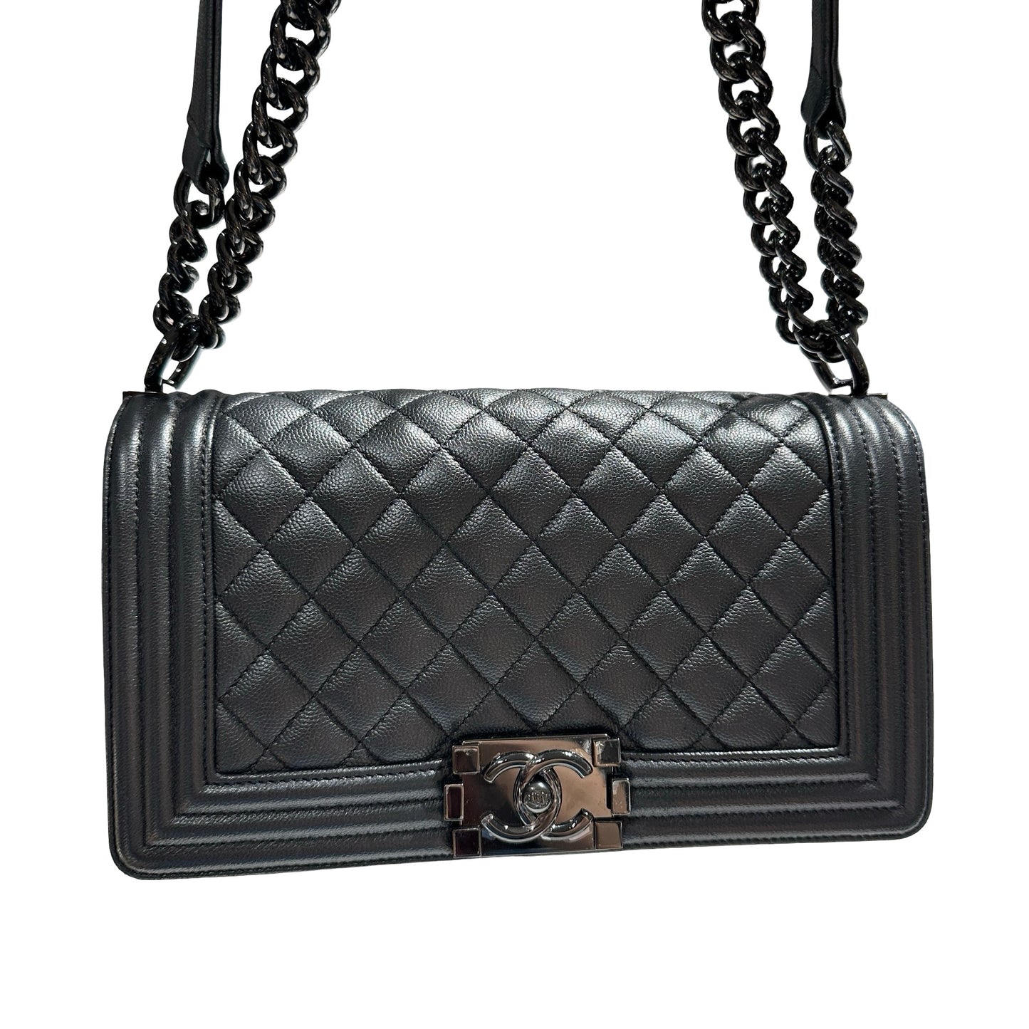 Used CHANEL Quilted Caviar Boy Chain Shoulder Bag Black