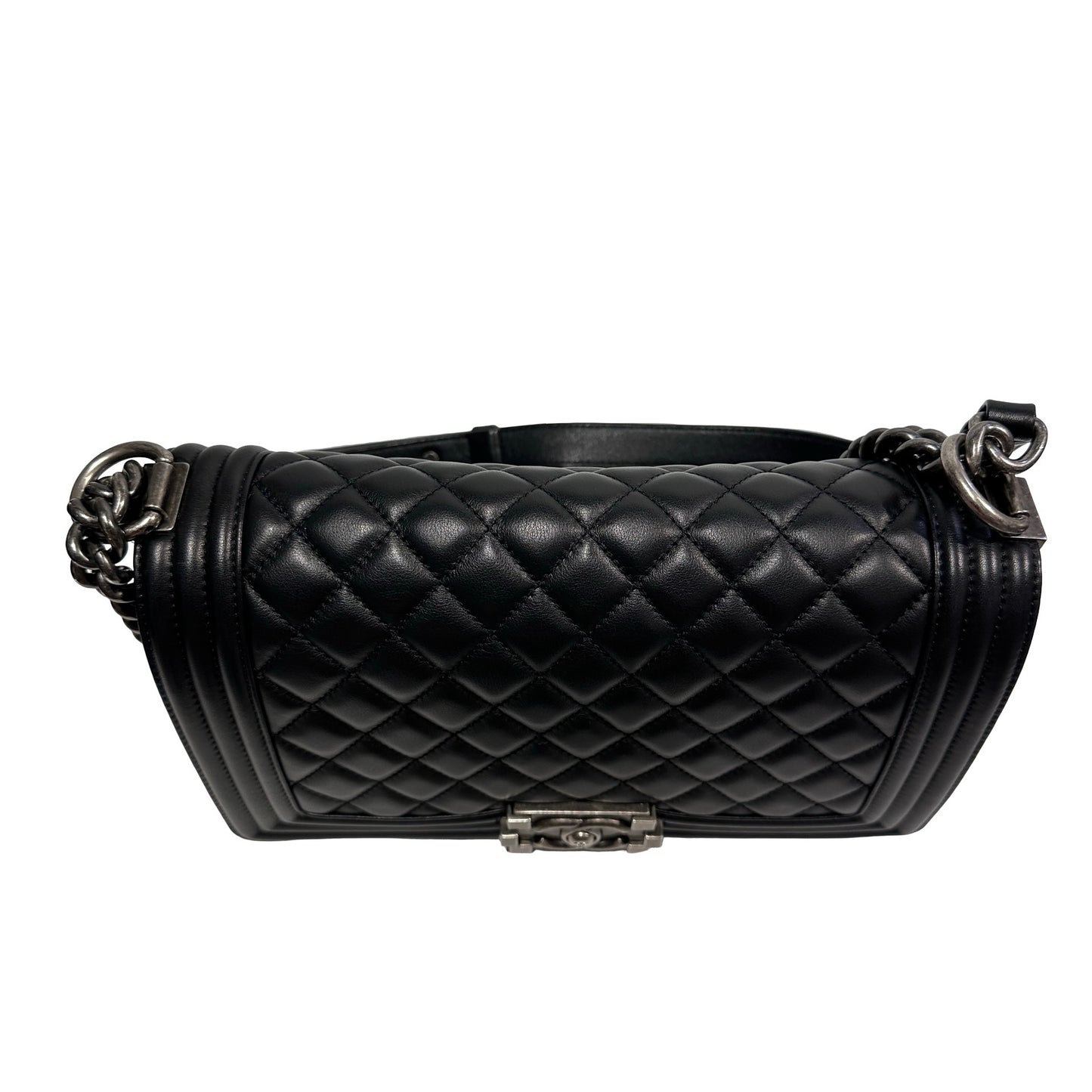 Used Chanel Lambskin Leather Boy 25 Shoulder Bag Black PHW
