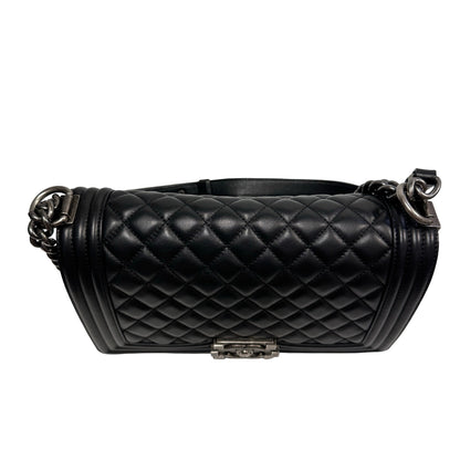 Used Chanel Lambskin Leather Boy 25 Shoulder Bag Black PHW