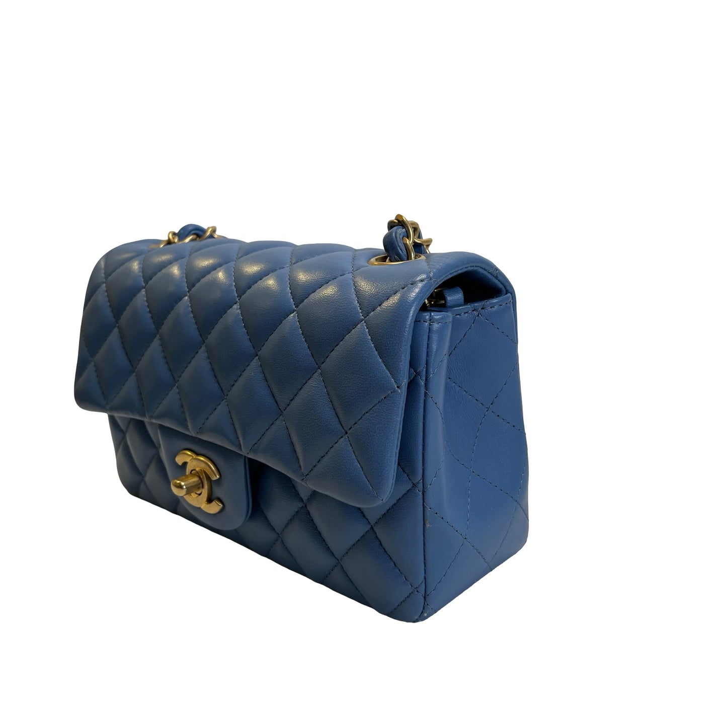 Used CHANEL Quilted Lambskin Classic Flap Handbag Blue Gold hardware