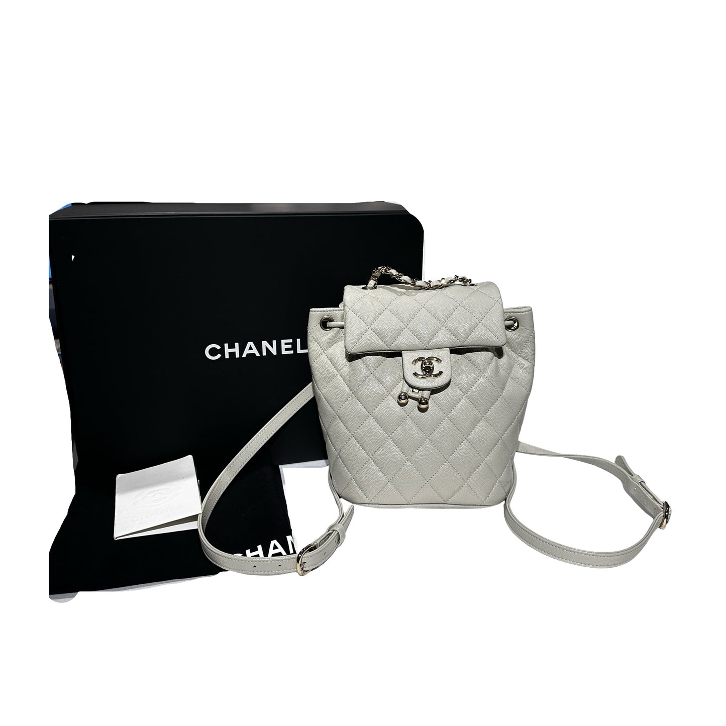 Used CHANEL Calfskin Leather Backpack Calf Skin Backpack Gray GHW